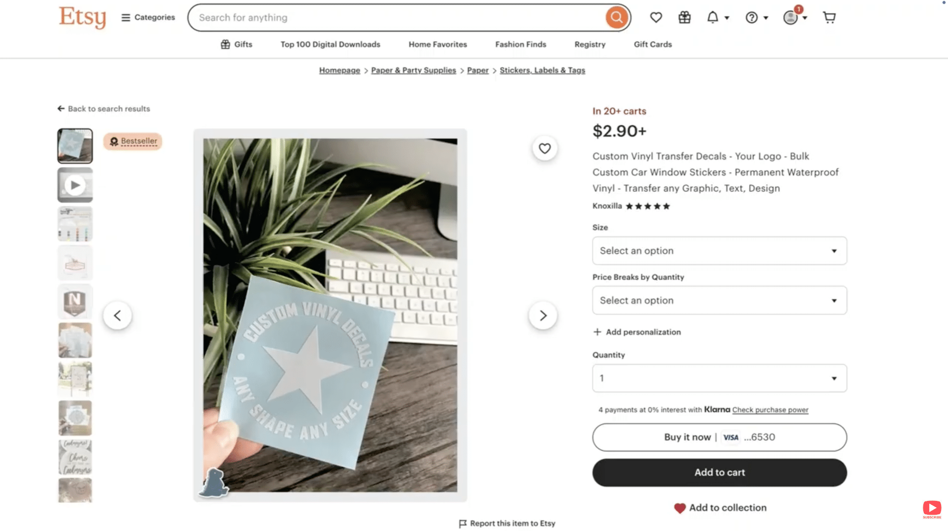 Etsy listing for custom vinyl logo decals