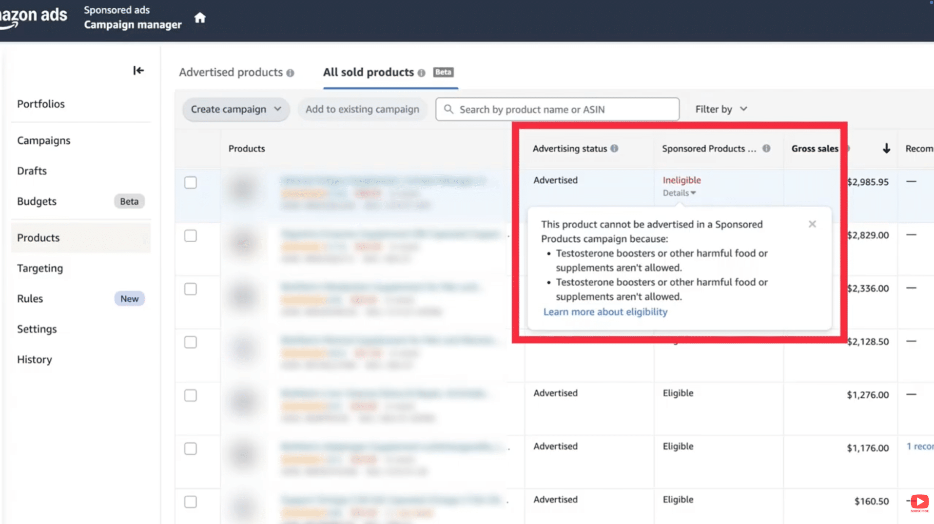 Screenshot 2026-01-26 at 10.40.27 AM Alt Text: Amazon ad ineligible status explanation