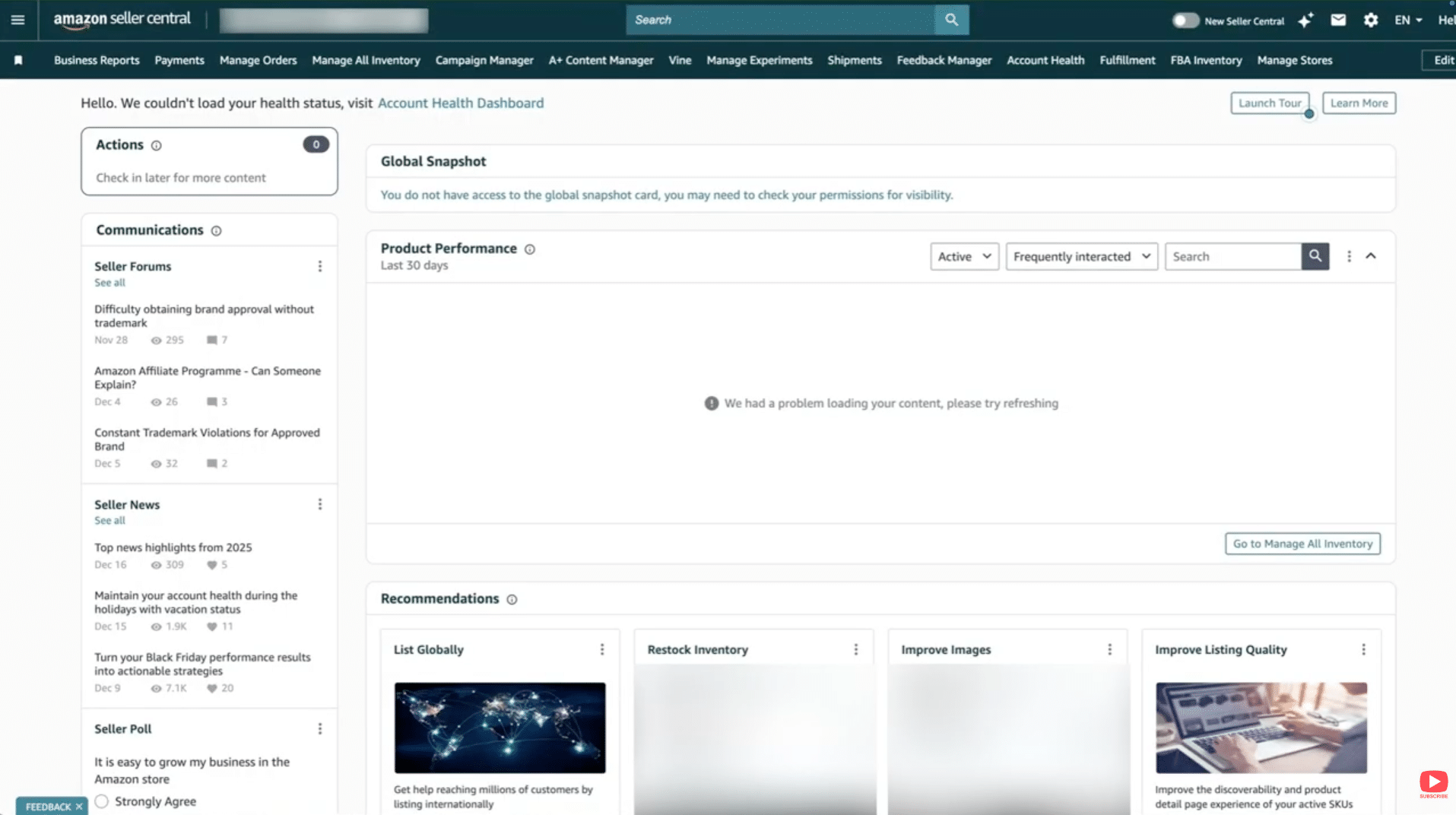 Amazon Seller Central main dashboard navigation
