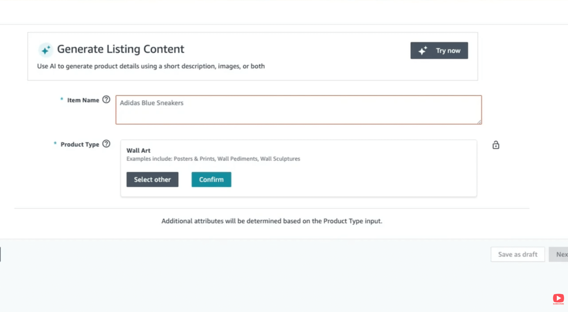 Item name and category selection screen in Seller Central