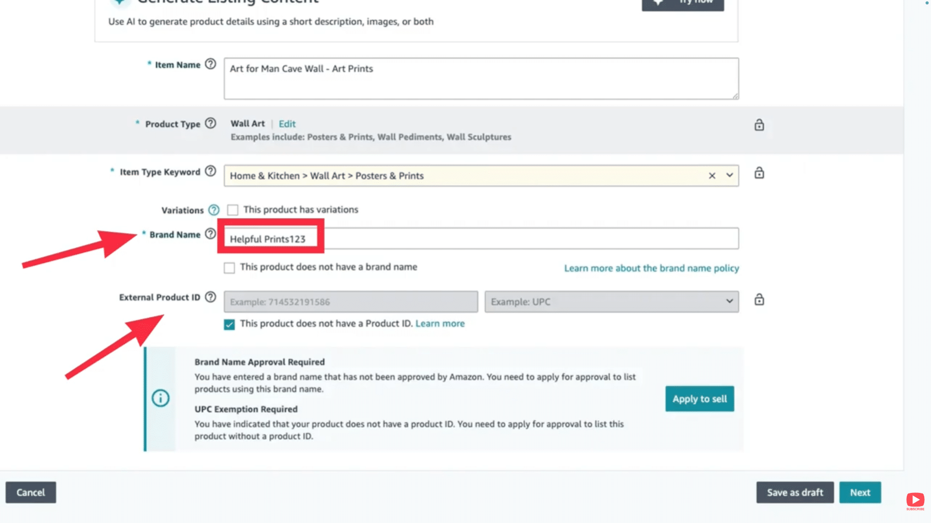 Brand name field and product ID checkbox triggering GTIN exemption