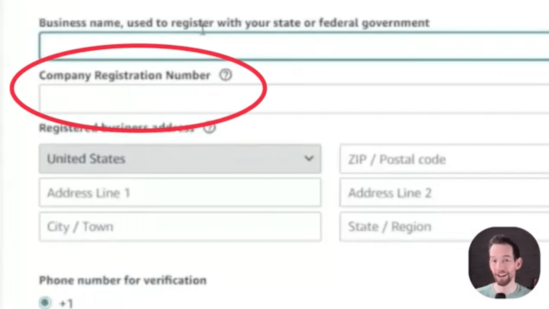 Amazon seller application company registration number field