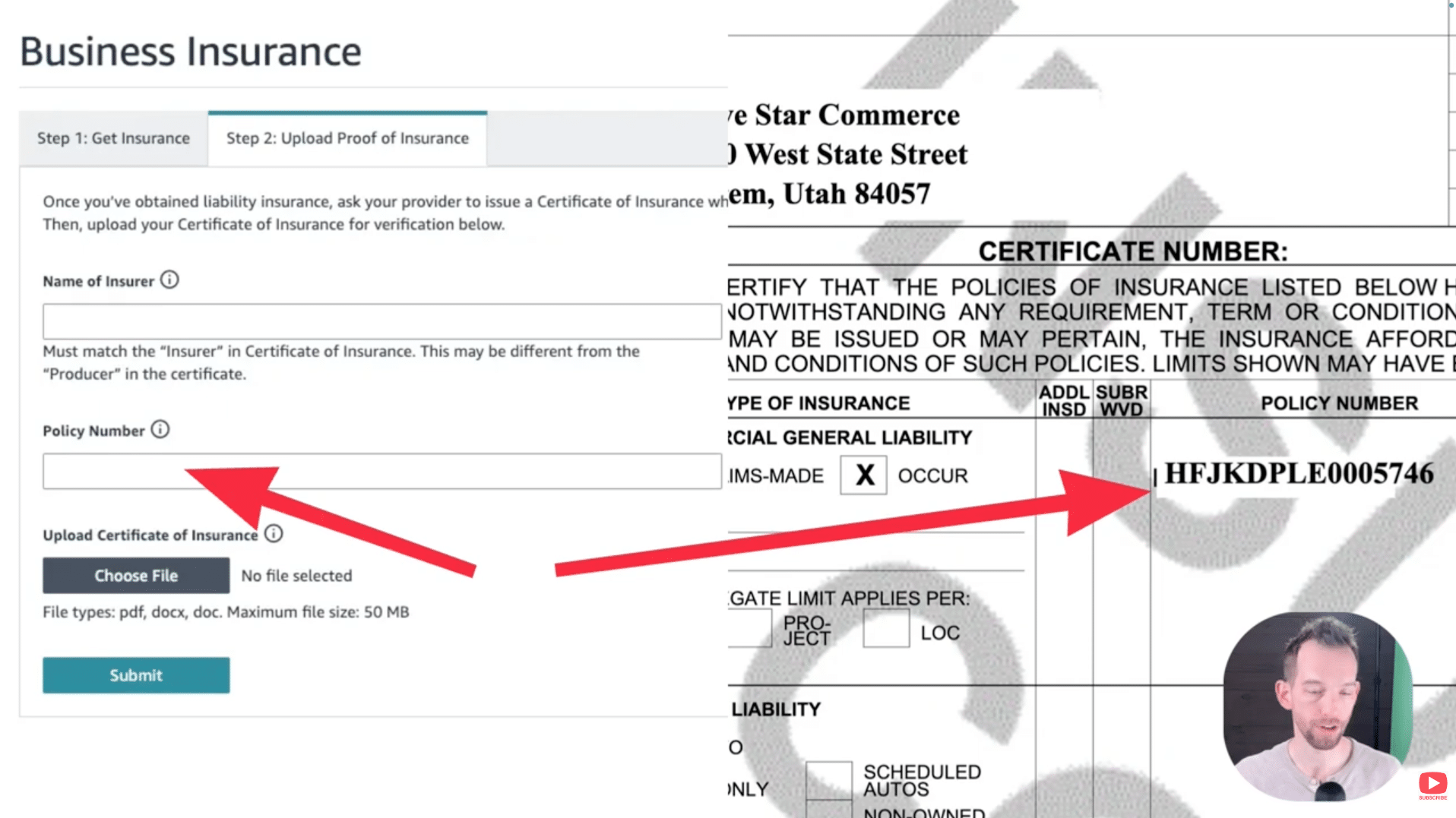 Policy number field in Seller Central matching the policy number shown on the Certificate of Insurance