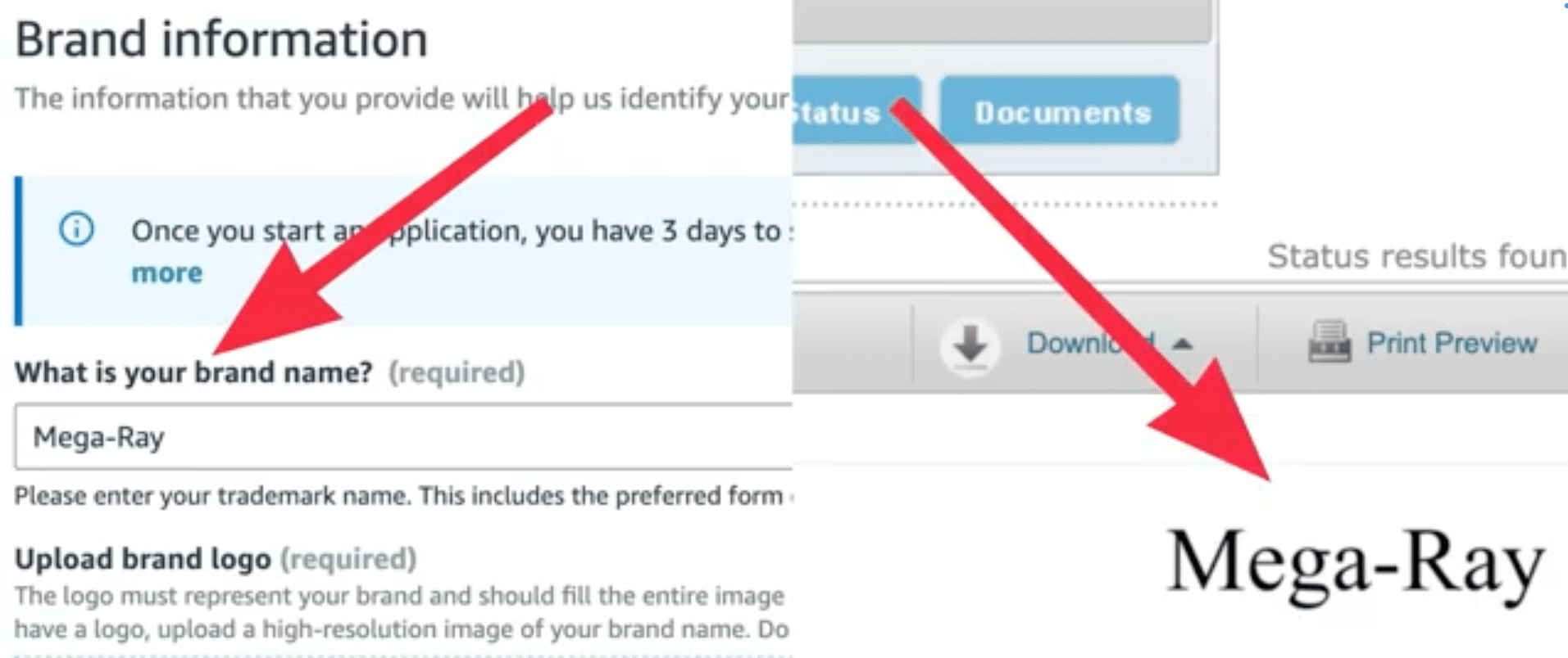 Brand name in application compared to trademark preview showing exact match requirement