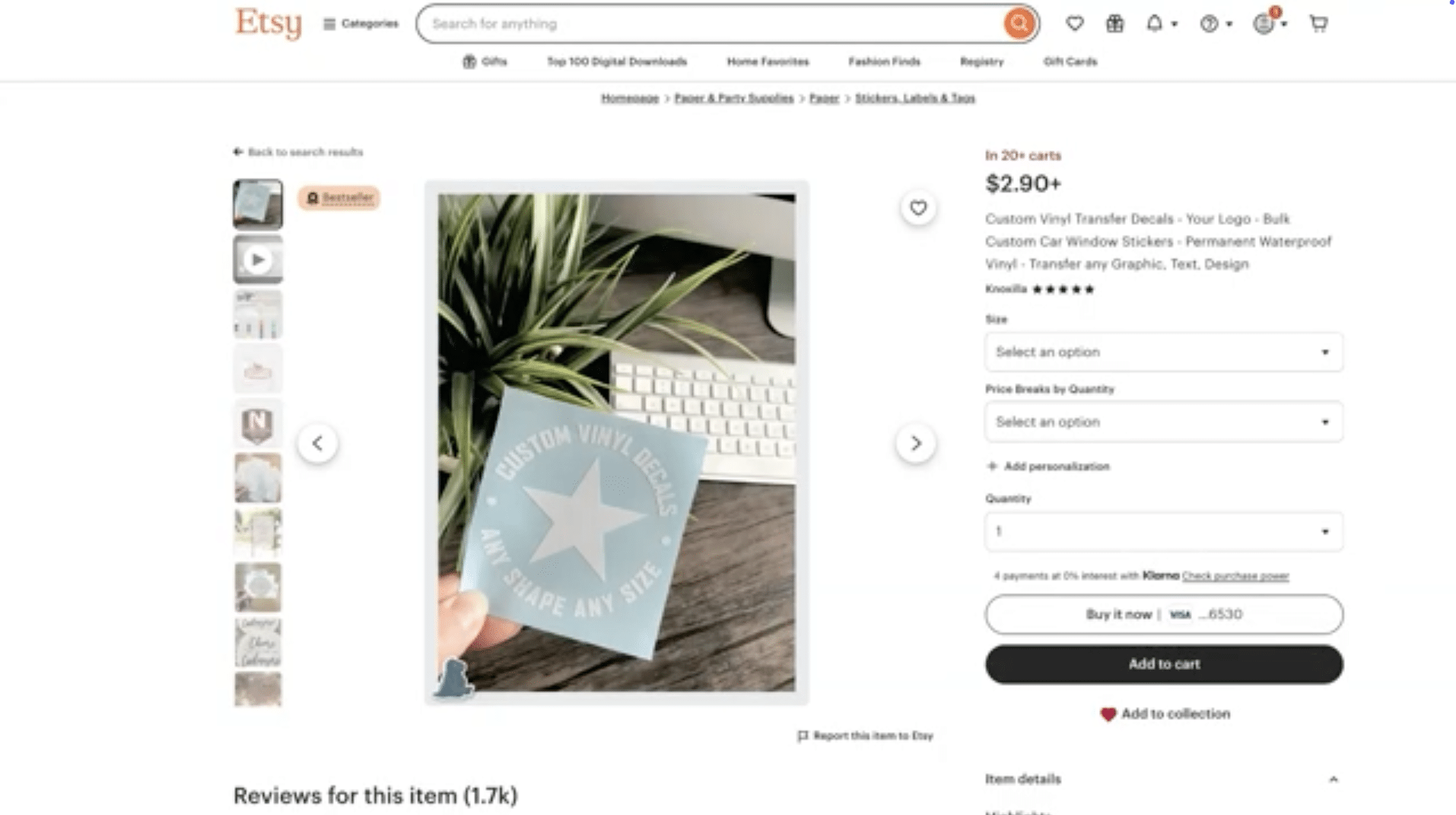 Example of ordering custom vinyl logo decal from Etsy for packaging workaround