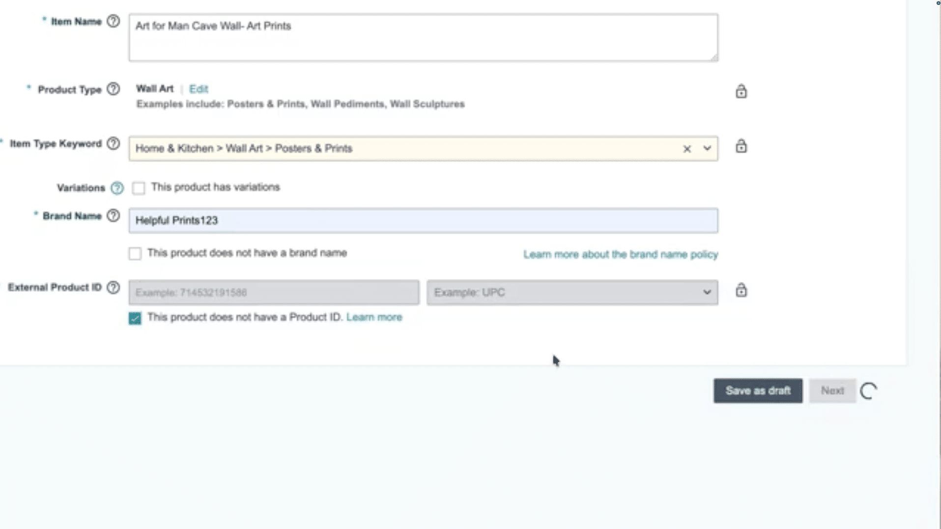 Amazon listing screen showing product does not have product ID option