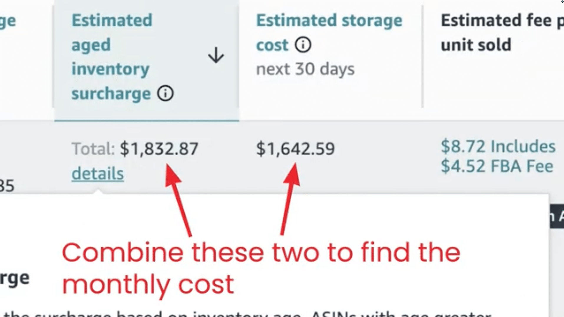 Monthly Inventory Cost Seller Central example showing aged inventory surcharge and estimated storage cost for the next 30 days
