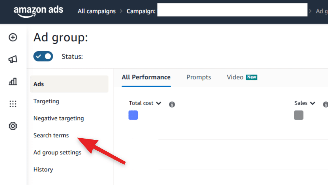 Amazon Ads ad group navigation showing the Search Terms tab