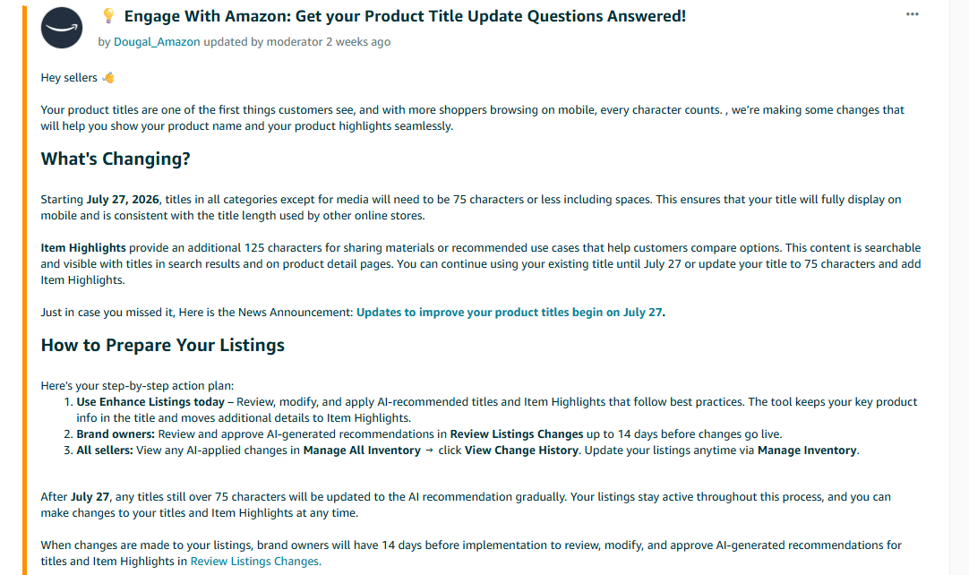 Amazon Seller Central forum announcement explaining the July 27 product title update and the new Item Highlights field