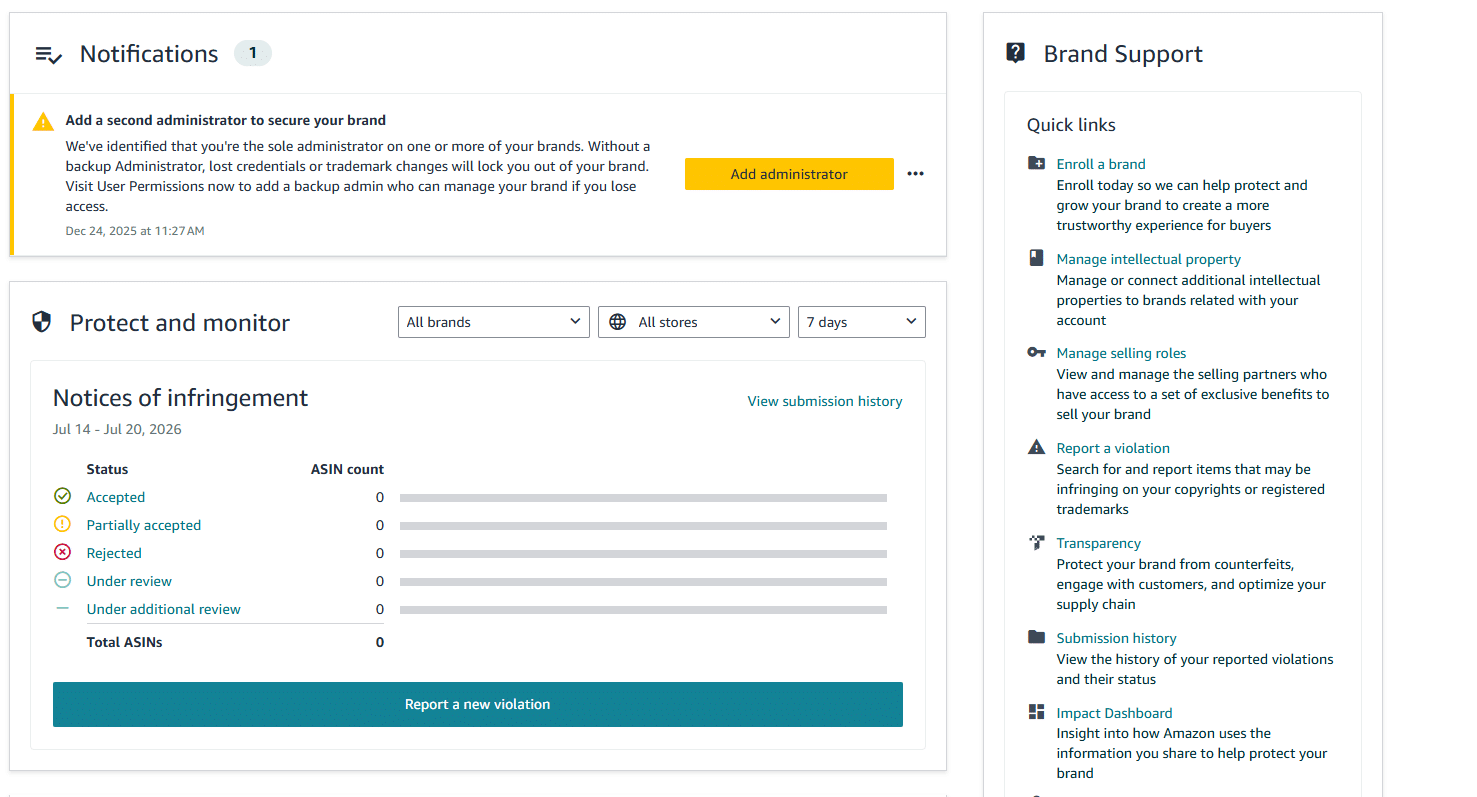 7-20 image 1 Amazon Brand Registry dashboard showing brand protection tools, infringement notices, and brand support links