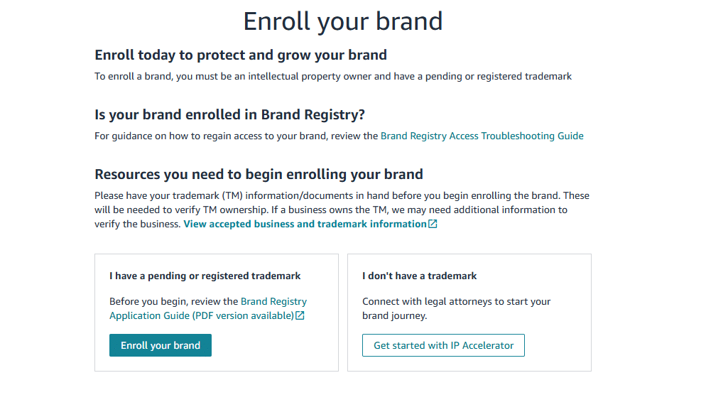 7-20 image 2 Amazon Brand Registry brand information form with fields for brand name, logo, trademark office, and registration number