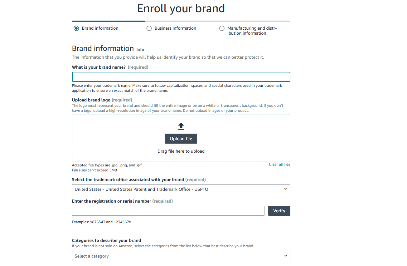 7-20 image 3 Amazon Brand Registry enrollment page showing options for brands with or without a trademark
