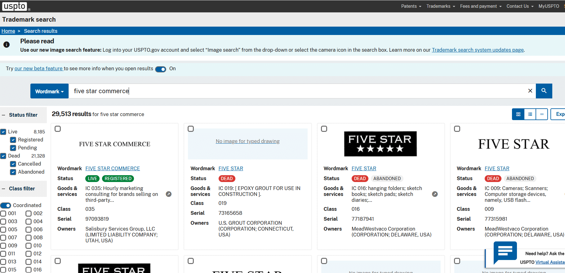 7-20 image 4 USPTO trademark search results showing the Five Star Commerce trademark and similar marks