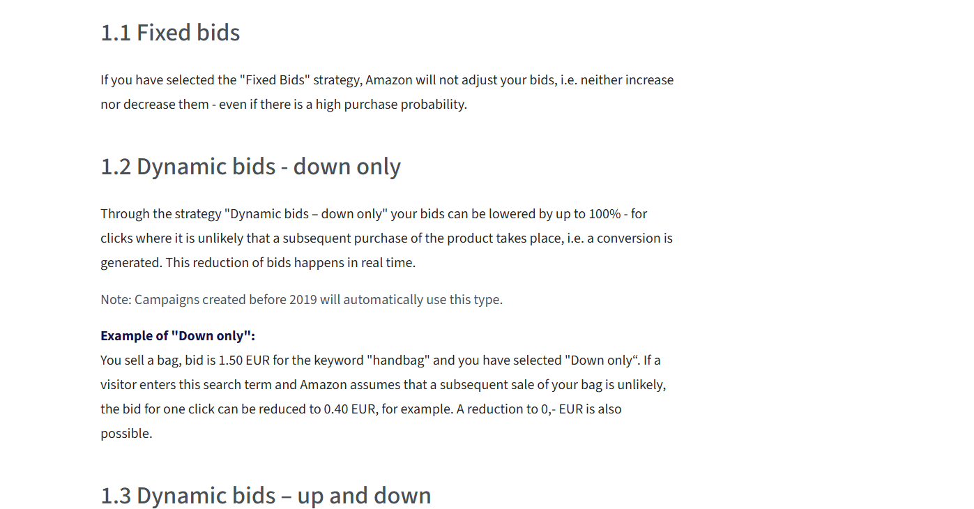 Screenshot from bidding strategy example showing fixed bids and dynamic bids down only explanation
