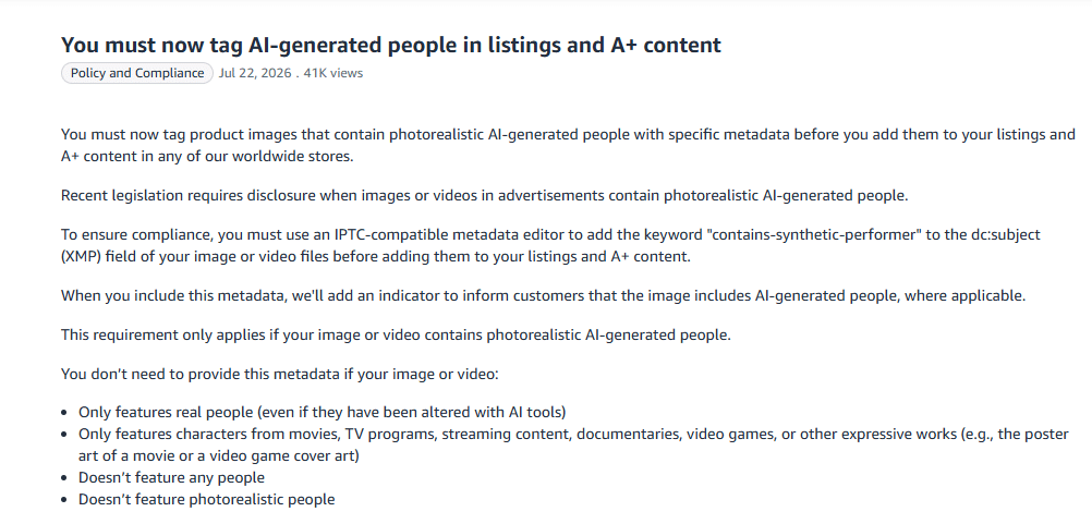 ai tag image 1 Amazon Seller Central announcement requiring tags for photorealistic AI-generated people in listings and A+ Content