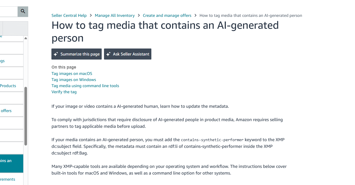 ai tag image 2 Amazon Seller Central help page explaining how to tag media containing an AI-generated person