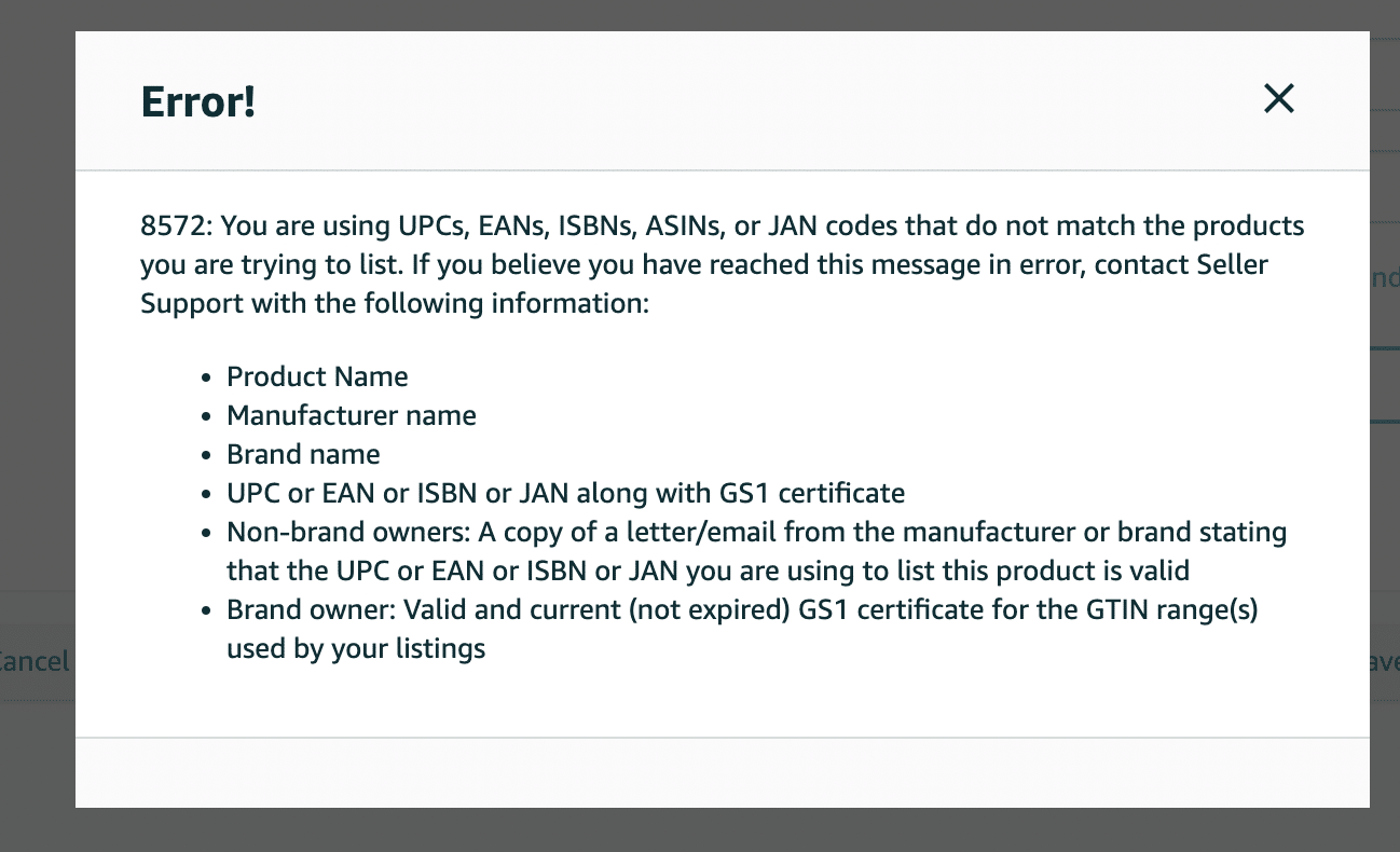 Amazon Error 8572 stating UPC codes do not match the products being listed