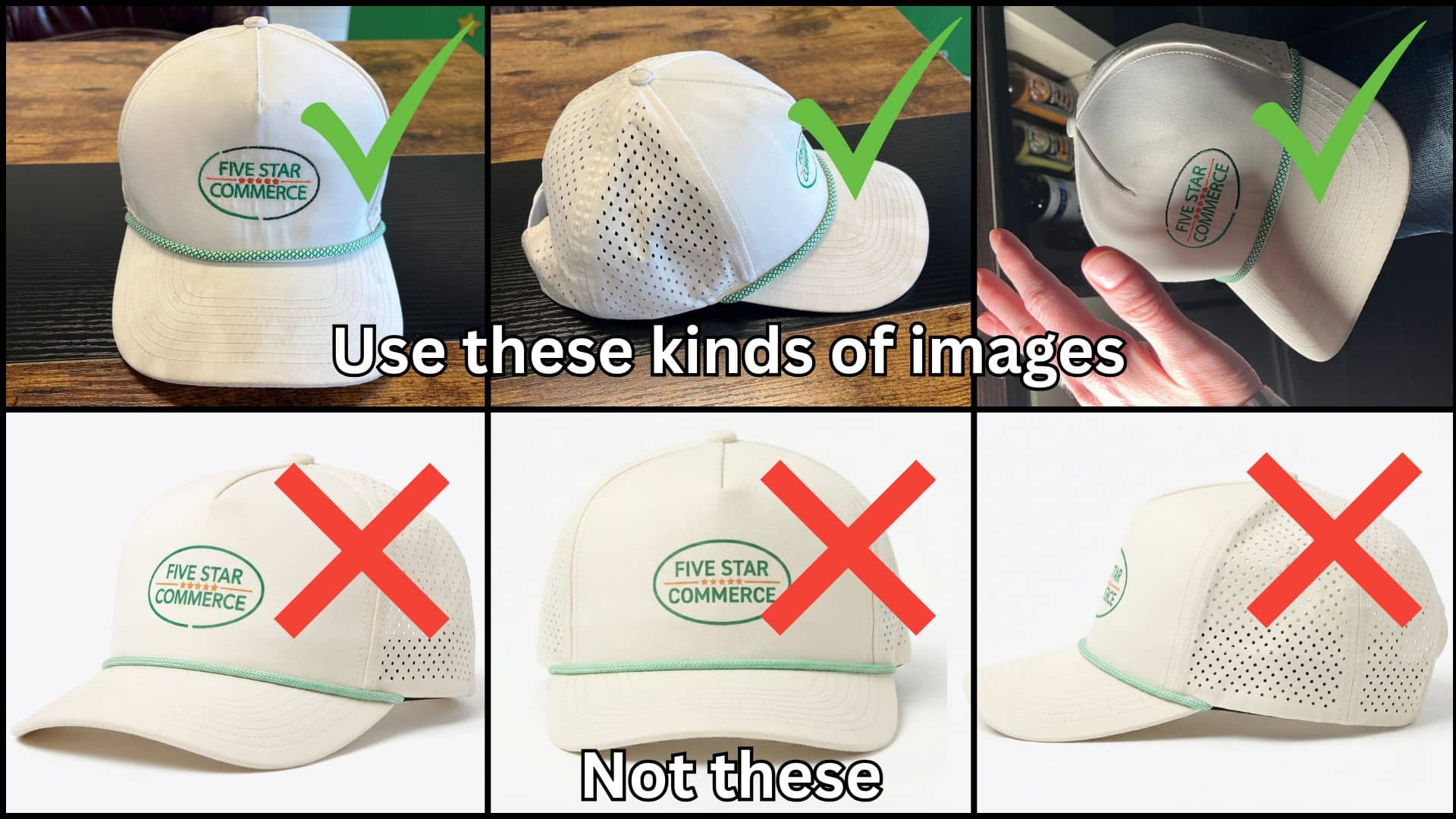 Examples of acceptable Amazon brand approval product photos compared with polished listing photos that should not be used