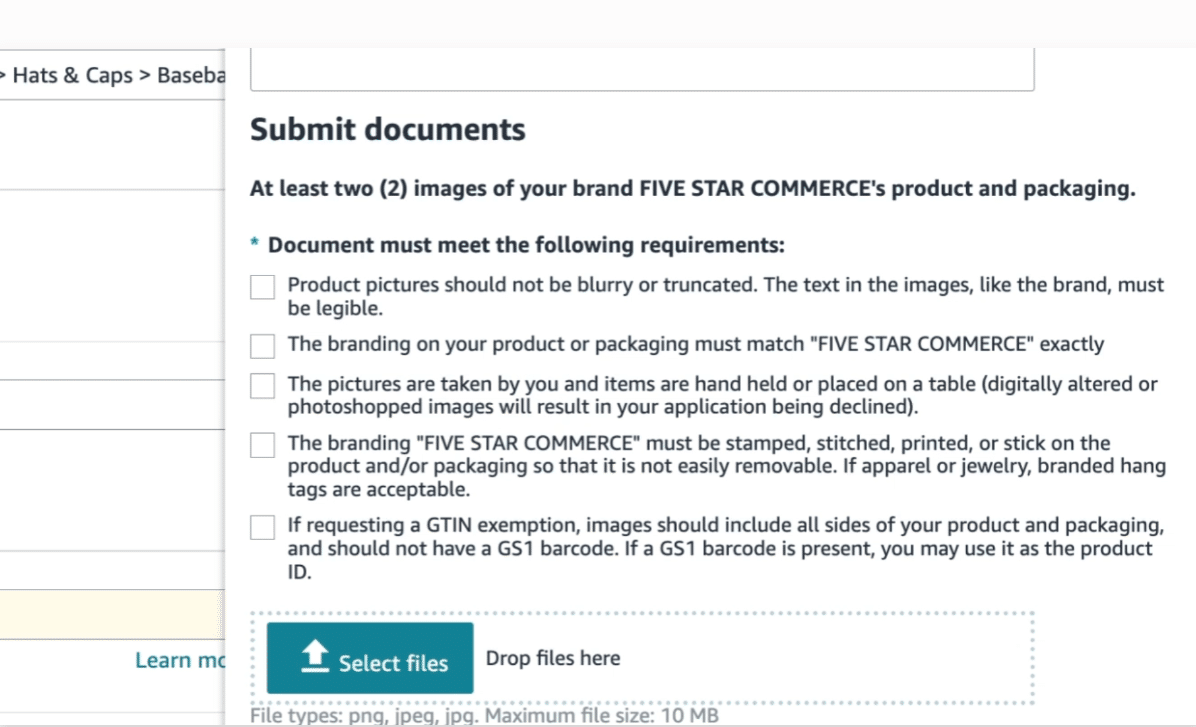 Amazon brand name approval image requirements for product and packaging photos
