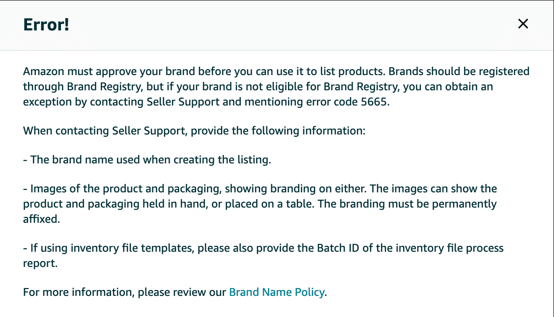 Amazon Error 5665 brand name approval message in Seller Central