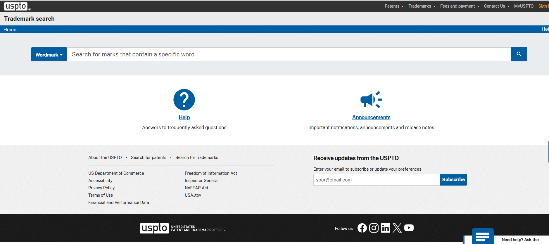 USPTO trademark search page used to verify a brand trademark