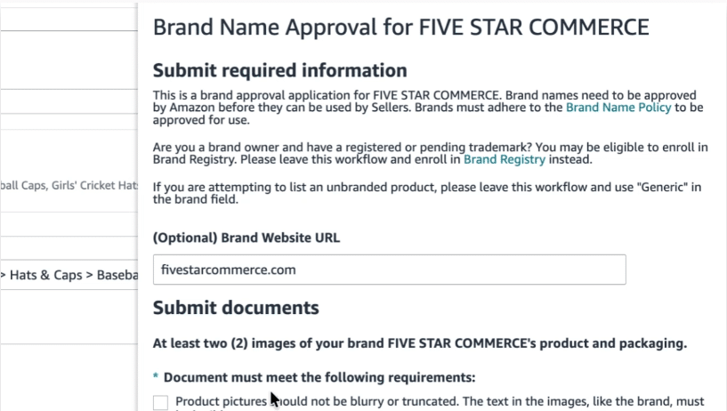 Amazon Brand Name Approval application showing Brand Registry, Generic product, website URL, and document submission instructions