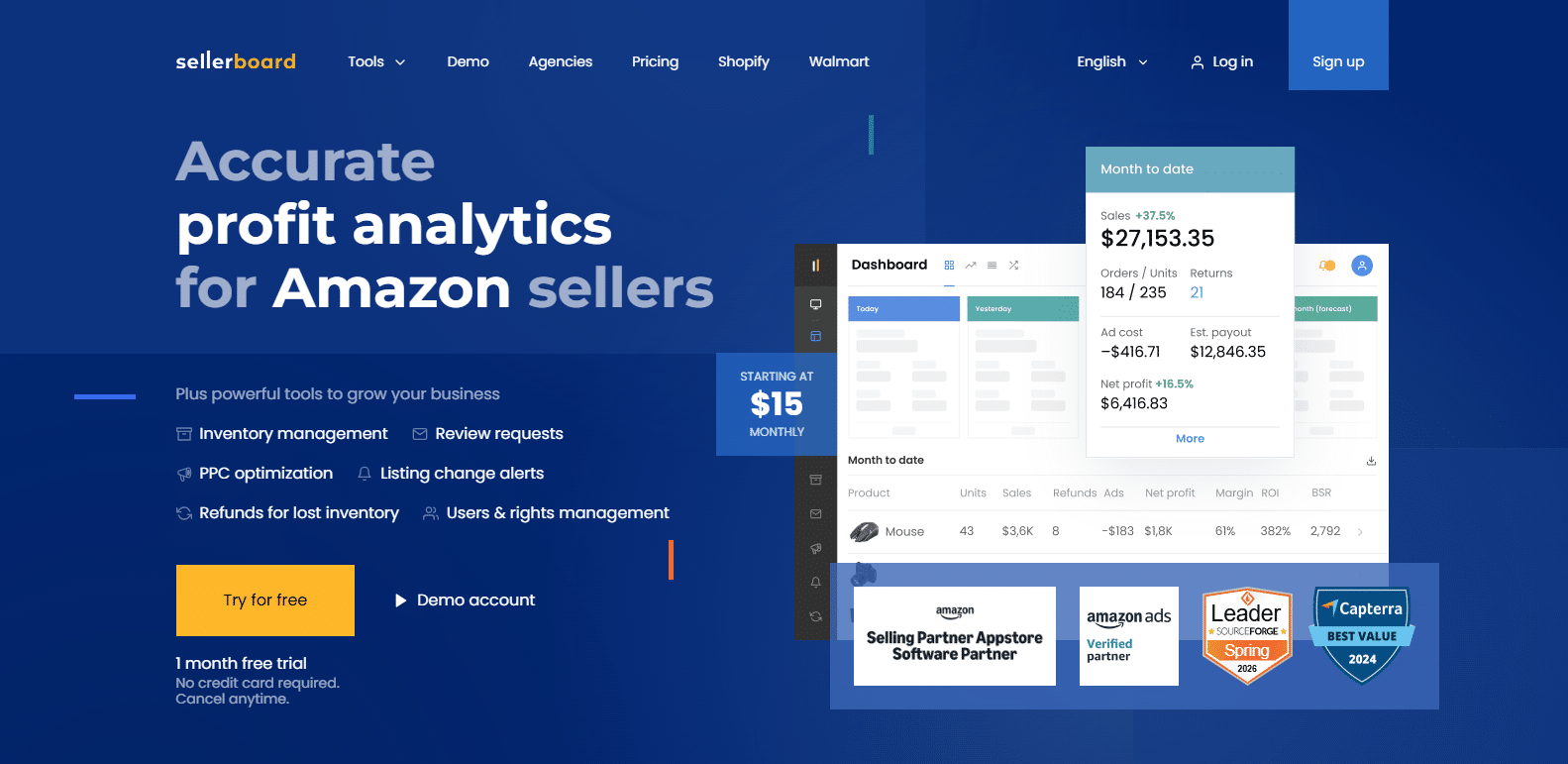 Sellerboard Amazon seller software homepage showing review requests and profit analytics features