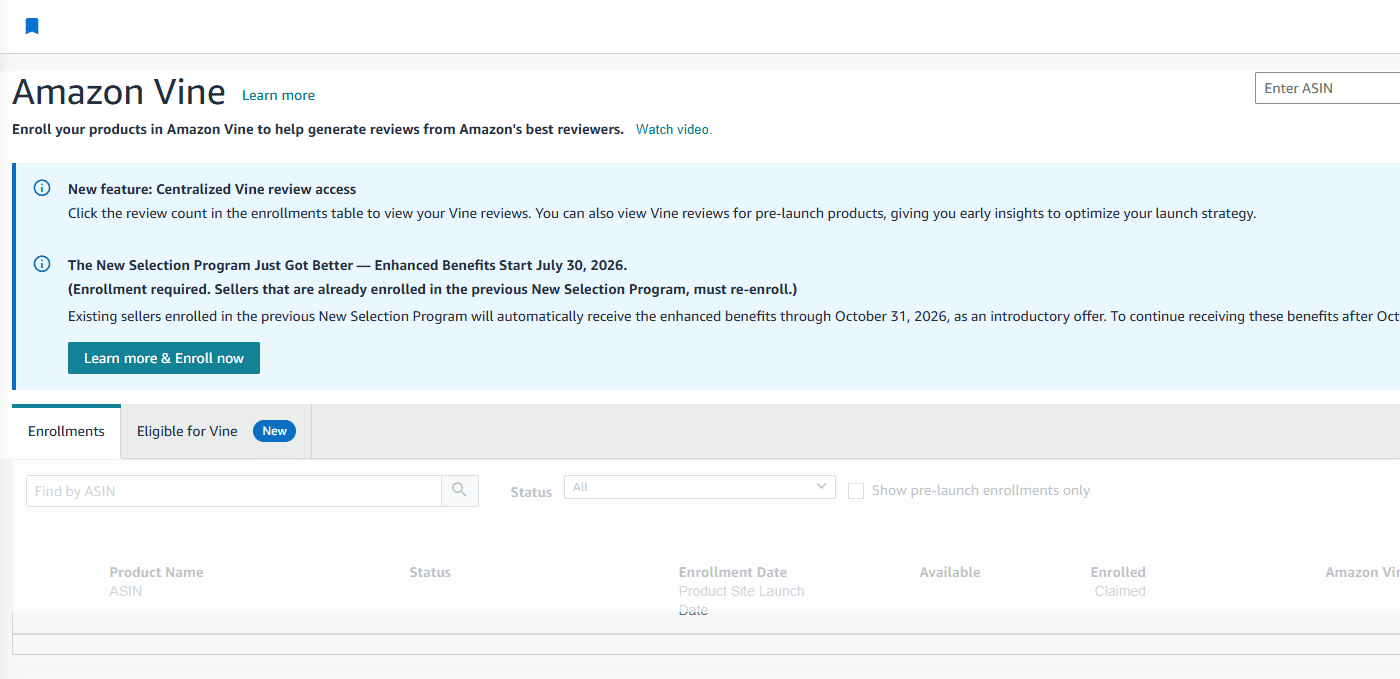 Amazon Seller Central Vine dashboard showing Enrollments and Eligible for Vine tabs
