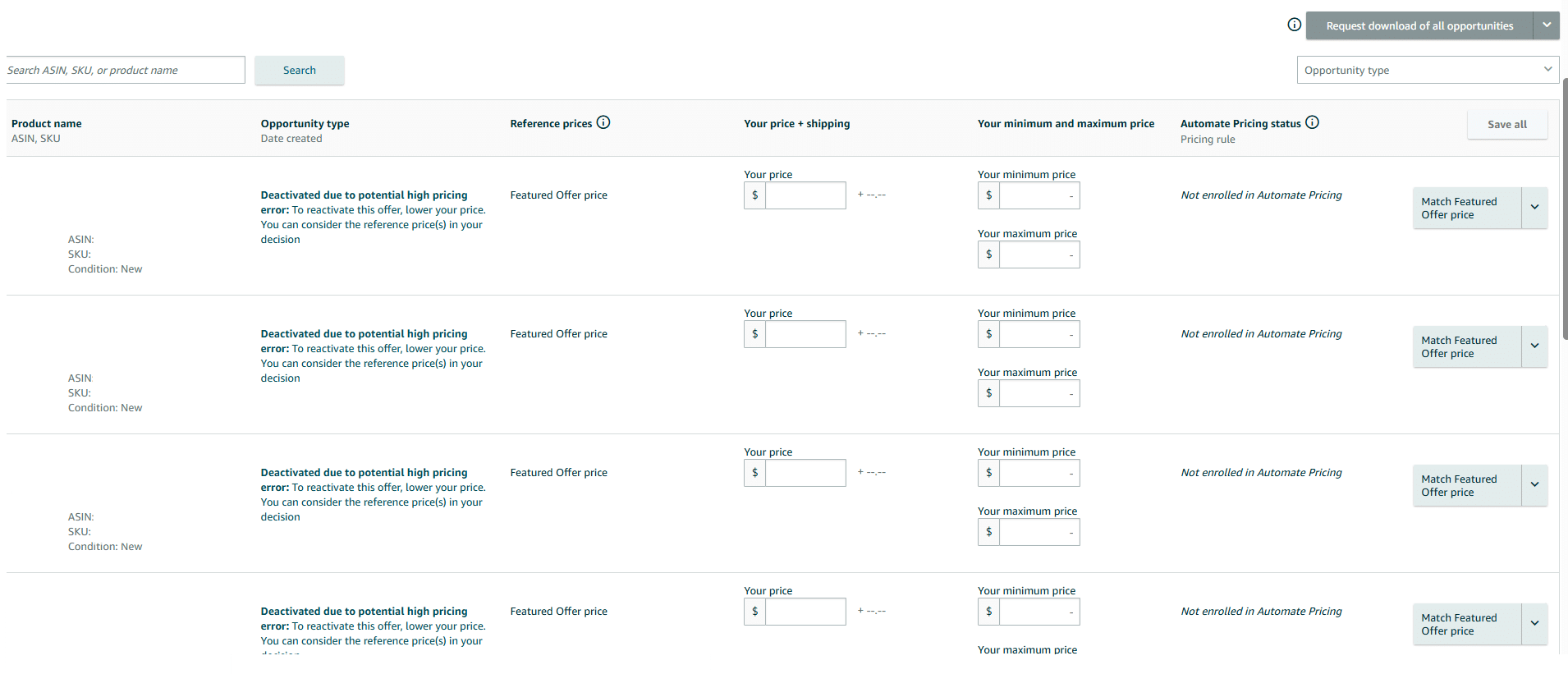 Amazon Seller Central showing potential high pricing errors and Featured Offer reference prices