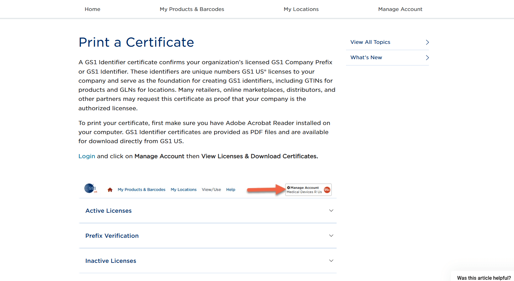 GS1 account page showing where to manage an account and download identifier certificates