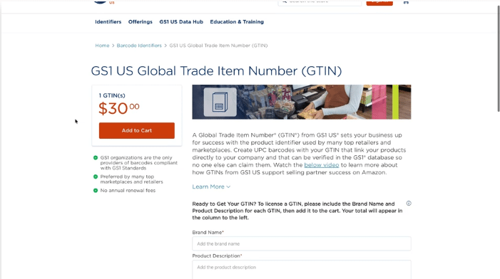 GS1 US page offering one Global Trade Item Number for thirty dollars