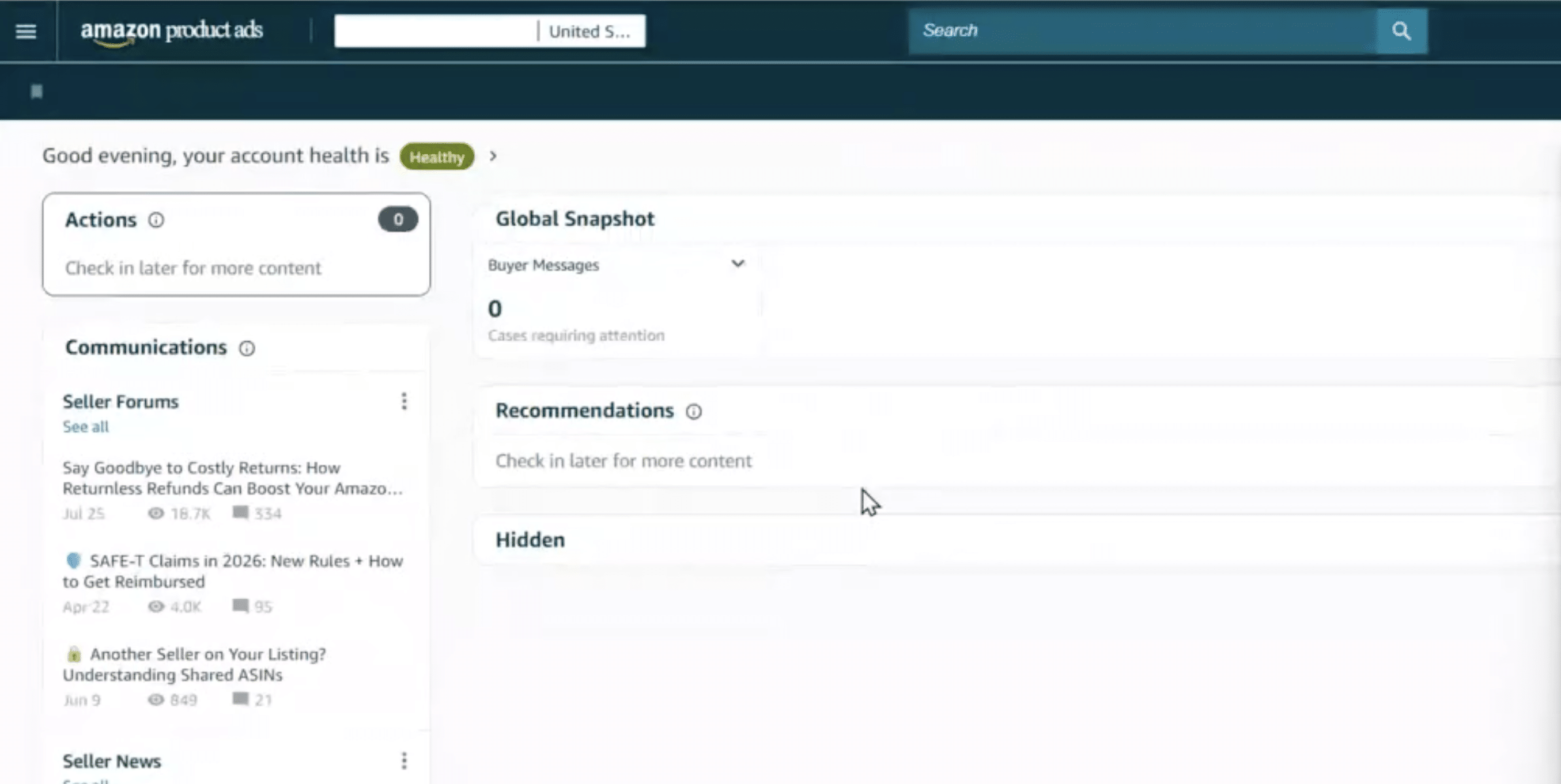 Legacy Amazon Product Ads dashboard showing a Healthy account status