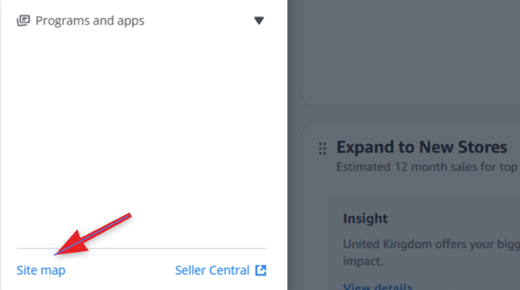 Site map link at the bottom of the Amazon Seller Central menu