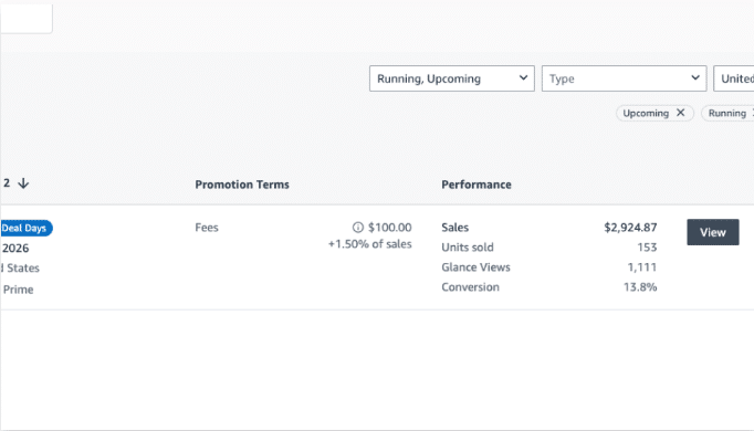 prime day 2 Amazon Seller Central Prime Big Deal Days 2026 promotion showing sales, units sold, glance views, conversion rate, and deal fees.